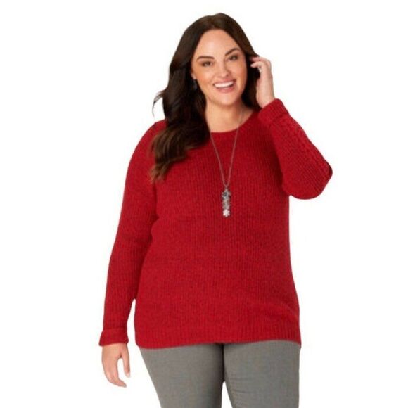 CJ Banks Red Soft Yarn Cable Sleeve Pullover Sweater Plus Size 1X NWT - Picture 1 of 8
